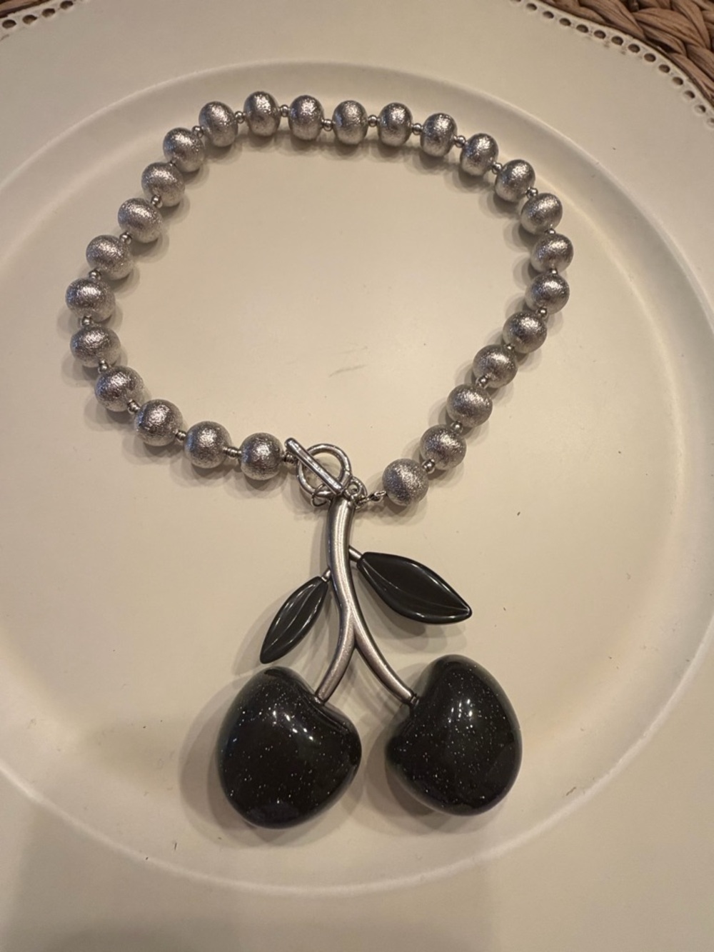 Silver Beaded Necklace with Black Cherry Pendant

NWOT
